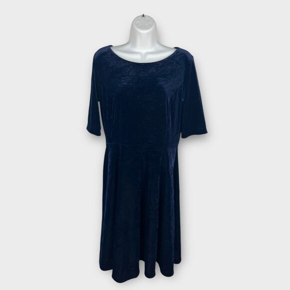 Lands End Blue Velvet Fit & Flare Short Sleeve Midi Holiday Dress Medium 10/12 - Picture 1 of 6